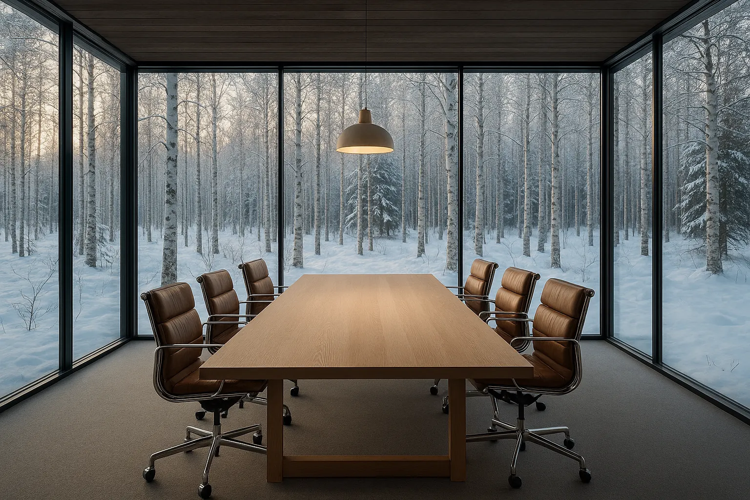 Lapland executive retreat scene — premium dining and aurora framing the unique-team / medium-premium-VIP / bespoke-productions trinity