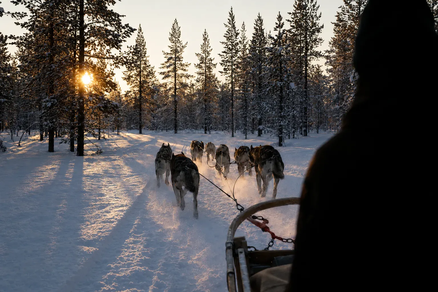 Husky team breaking through Lapland forest at low winter sun — Arctic-MICE sensory anchor for the year-round-availability question