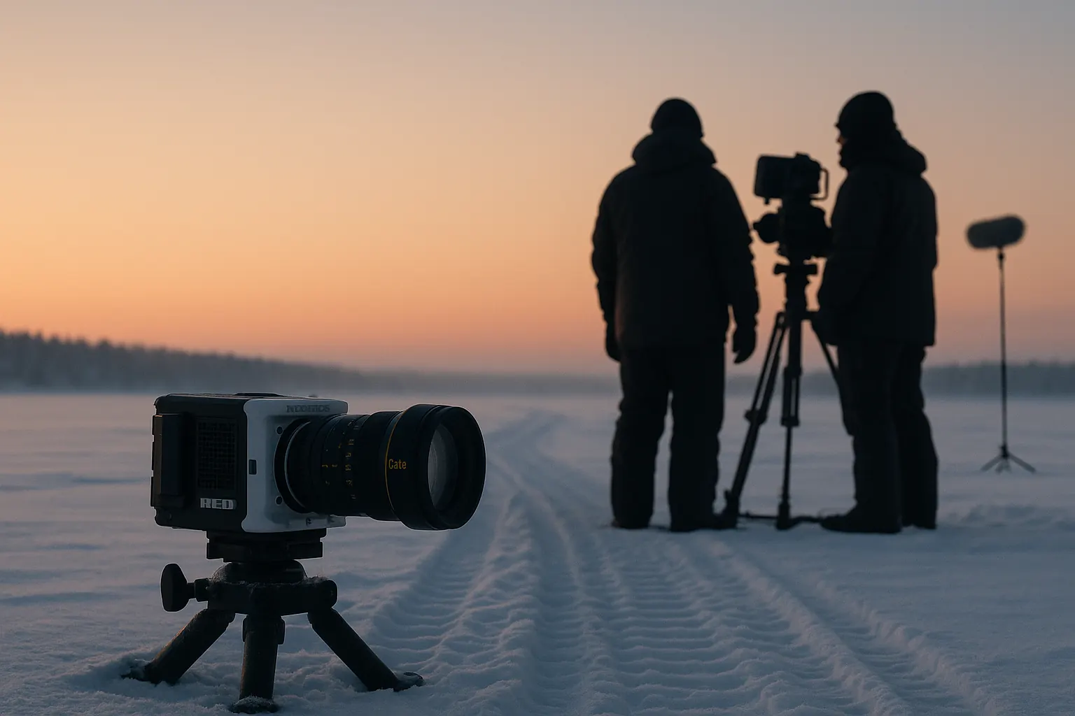Twilight Arctic landscape with film production crew silhouetted on a frozen lake