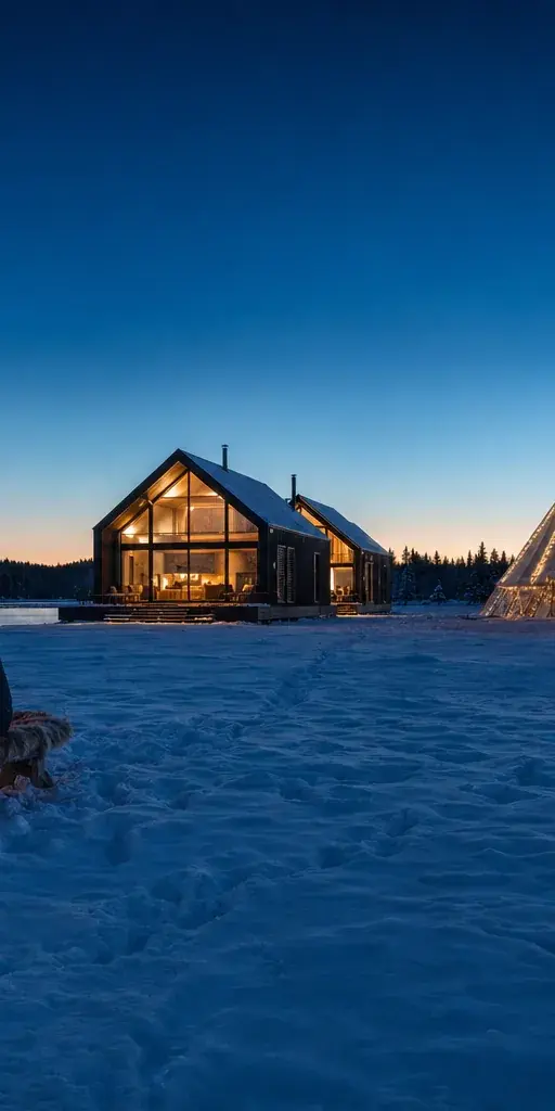 Modern Scandinavian glass-walled cabin on a snowy lake shore at twilight